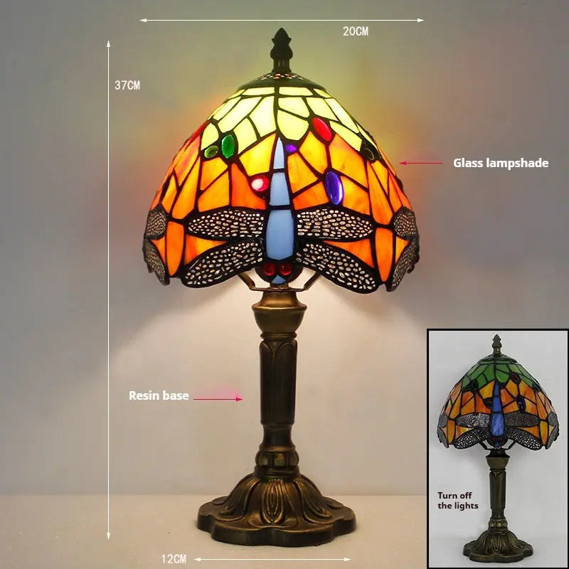 8inch Tiffany Dragonfly Lamp Stained Glass Floral Lampshade Vintage Table Lamp - CTL