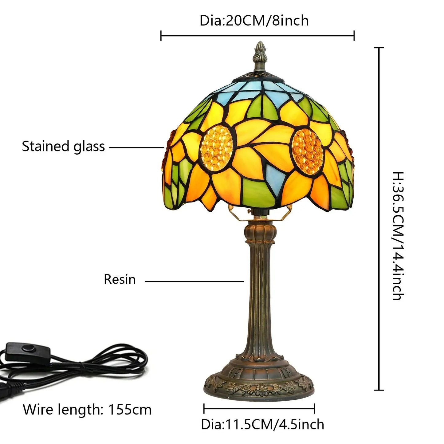 8inch Tiffany Stained Glass Garden Sunflower Lampshade Bedroom Bedside Light - CTL