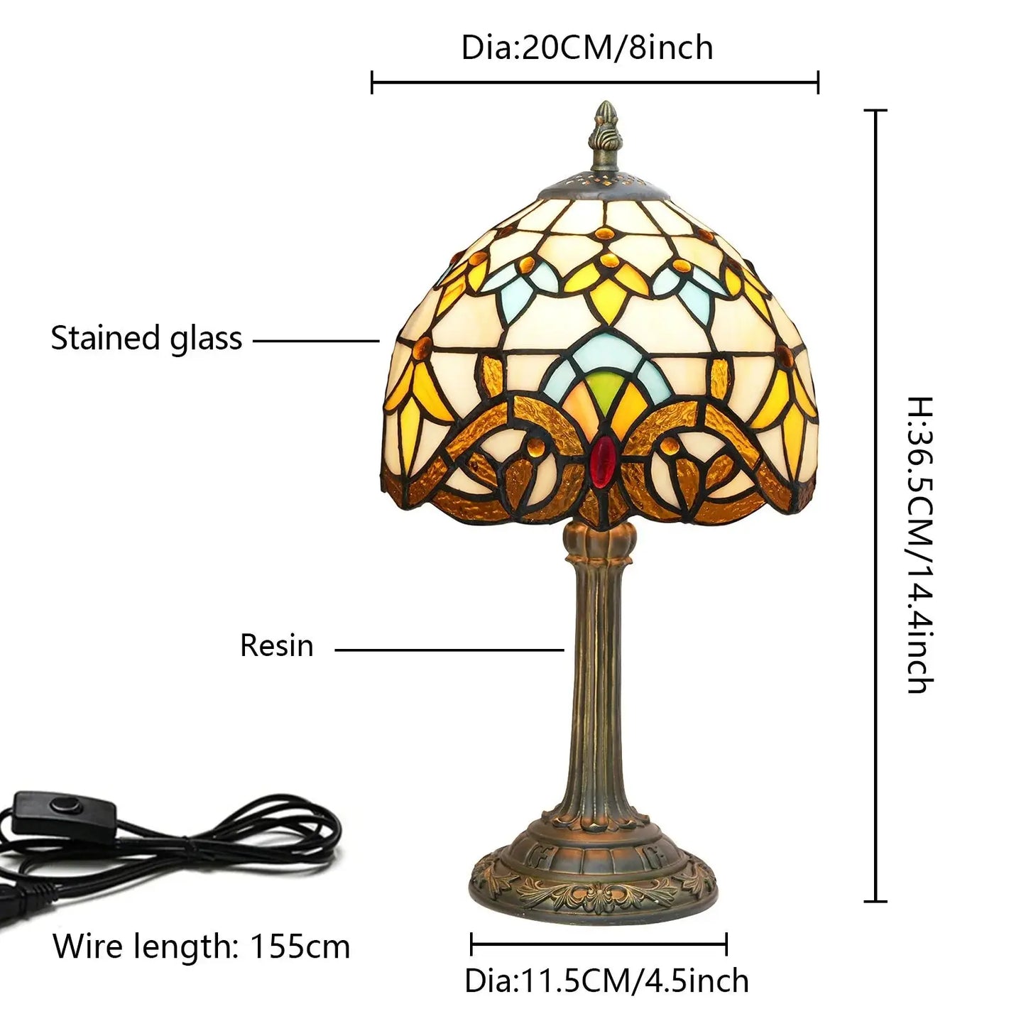 8inch Tiffany Stained Glass Lampshade Vintage Baroque Bedroom Table Lamp - CTL