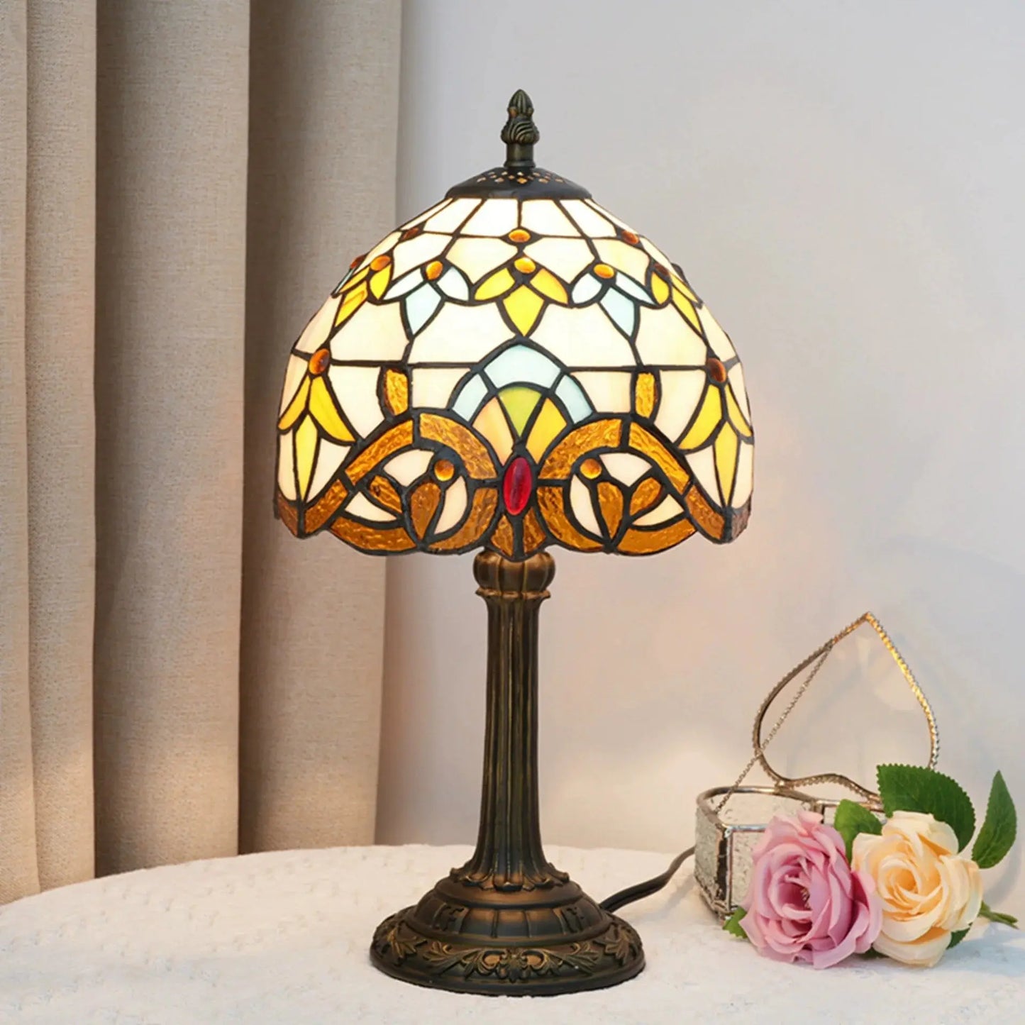 8inch Tiffany Stained Glass Lampshade Vintage Baroque Bedroom Table Lamp - CTL