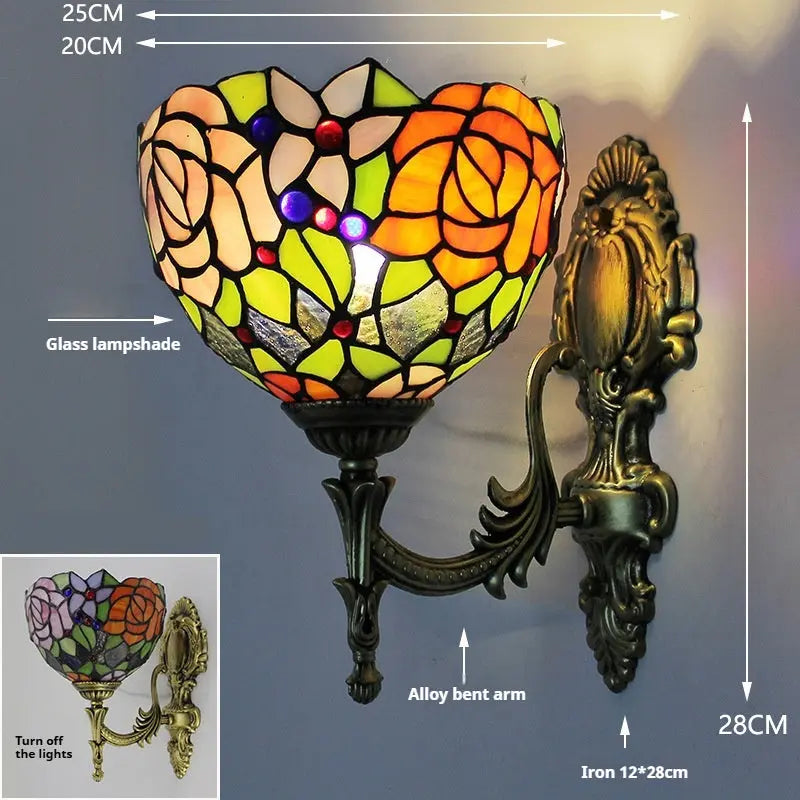 8inch Tiffany Stained Glass Pastoral Rose Lampshade Victorian Wall Sconces - CTL