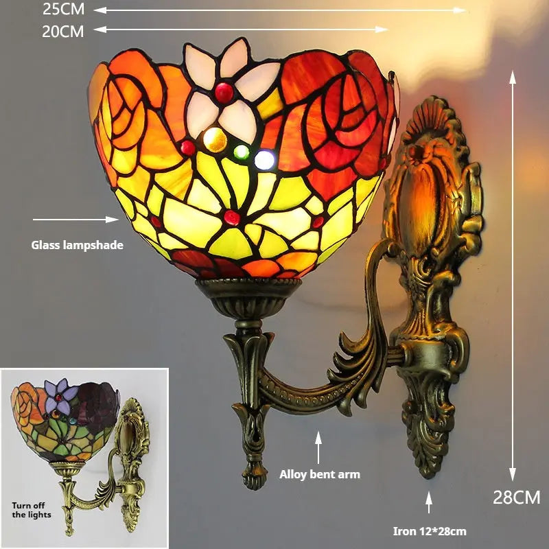 8inch Tiffany Stained Glass Rose Flower Antique Sconces Lighting Wall Lamp - CTL