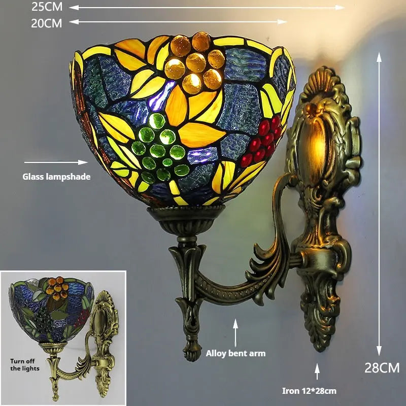 8inch Tiffany Style Outdoor Wall Lights Stained Glass Grapes Floral Lampshade Wall Sconce - CTL