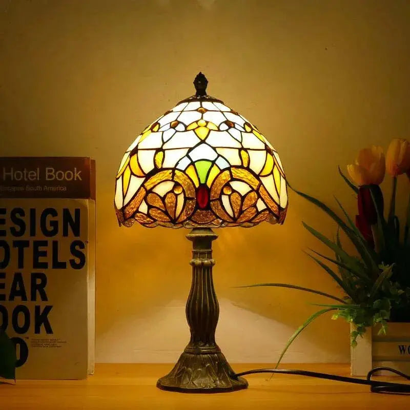8inch Tiffany Vintage Alloy Base Stained Glass Lampshade Handmade Table Lamp - CTL