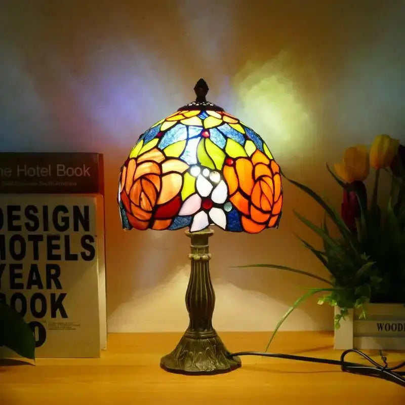 8inch Tiffany Vintage Alloy Base Stained Glass Lampshade Handmade Table Lamp - CTL