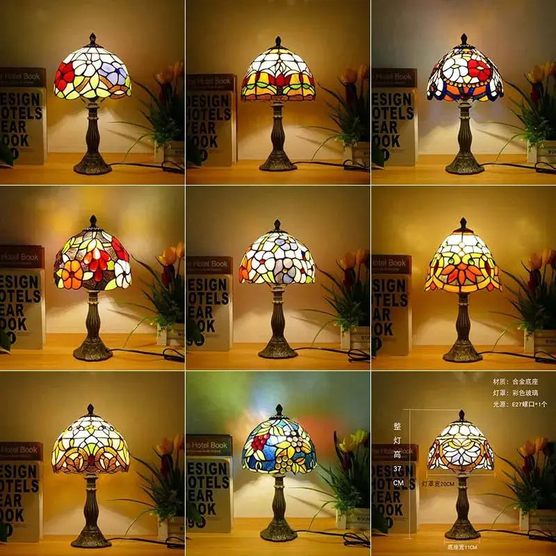 8inch Tiffany Vintage Alloy Base Stained Glass Lampshade Handmade Table Lamp - CTL