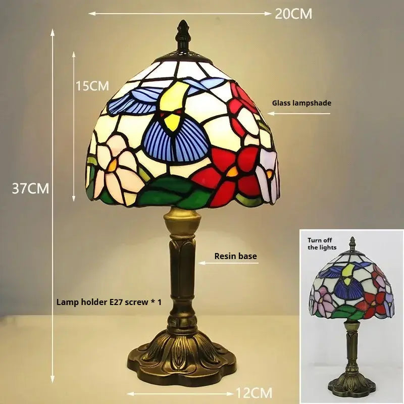 8inch Vintage Stained Glass Floral Hummingbird Lampshade Tiffany Style Table Lamp - CTL