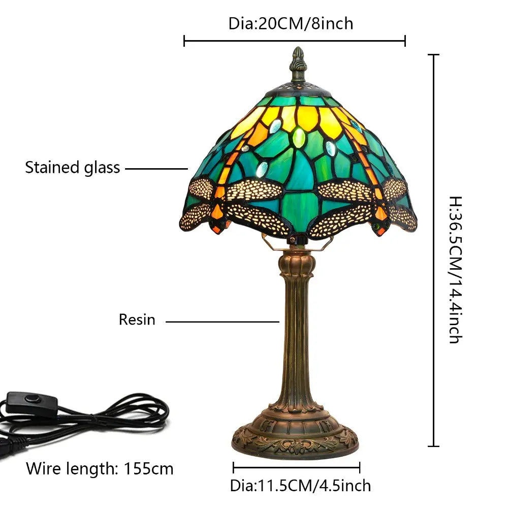 8inch Vintage Stained Glass Green Dragonfly Lampshade Tiffany Table Lamp - CTL
