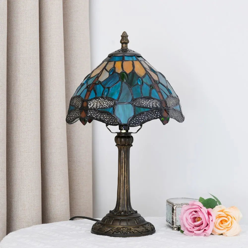 8inch Vintage Stained Glass Green Dragonfly Lampshade Tiffany Table Lamp - CTL