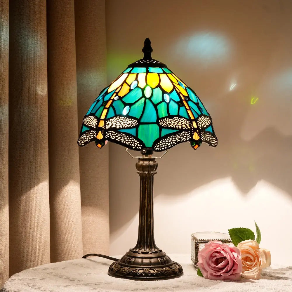 8inch Vintage Stained Glass Green Dragonfly Lampshade Tiffany Table Lamp - CTL