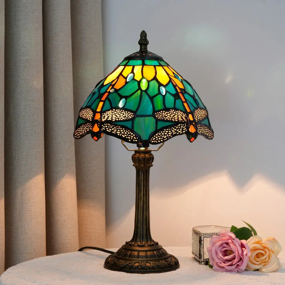8inch Vintage Stained Glass Green Dragonfly Lampshade Tiffany Table Lamp - CTL