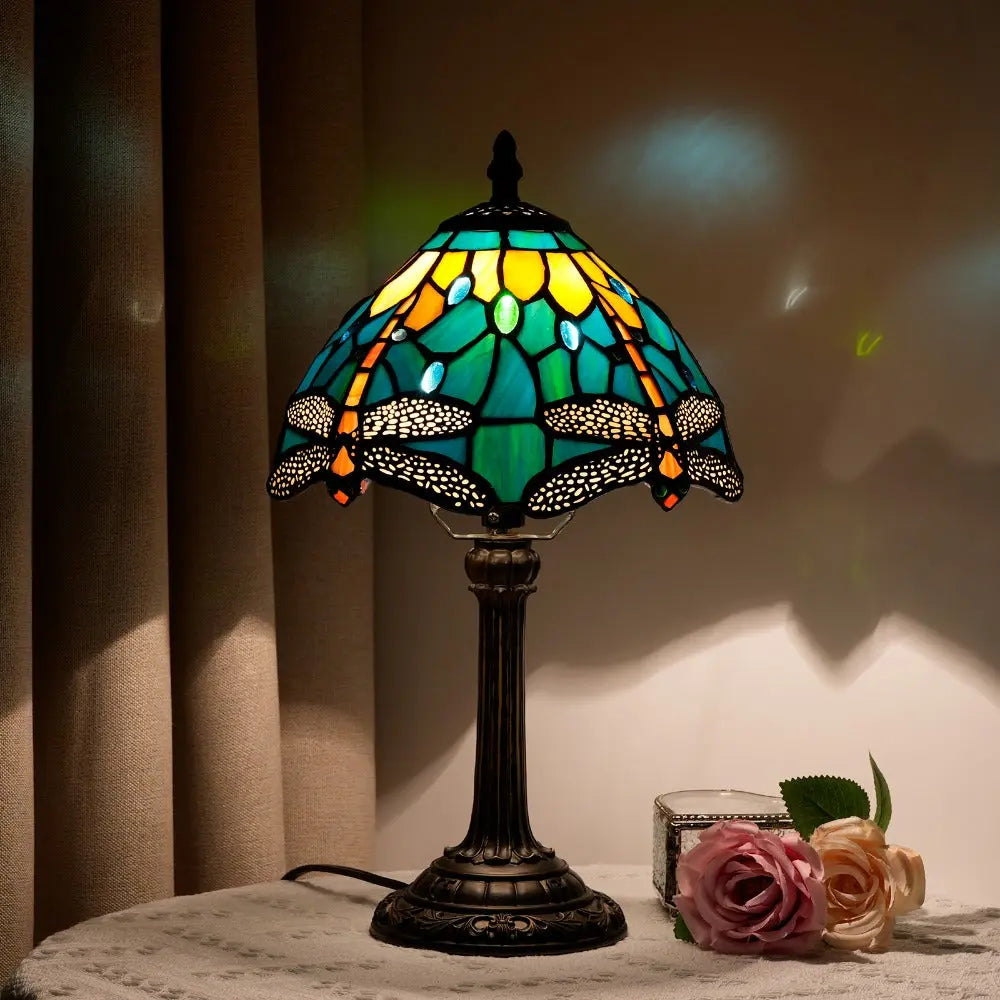 8inch Vintage Stained Glass Green Dragonfly Lampshade Tiffany Table Lamp - CTL