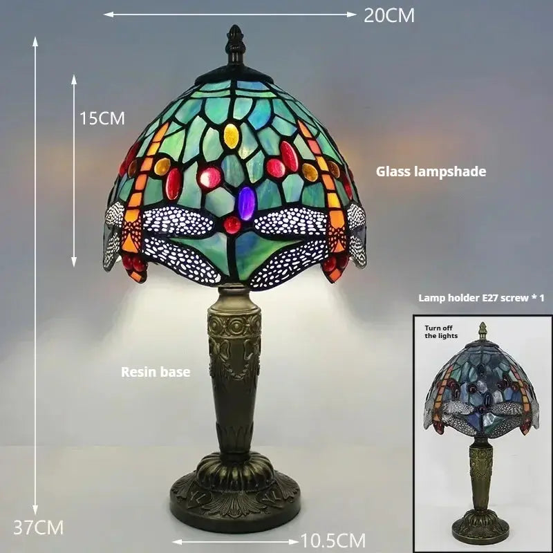 8inch Tiffany Dragonfly Table Lamp with Vintage Stained Glass Flower Lampshade - CTL