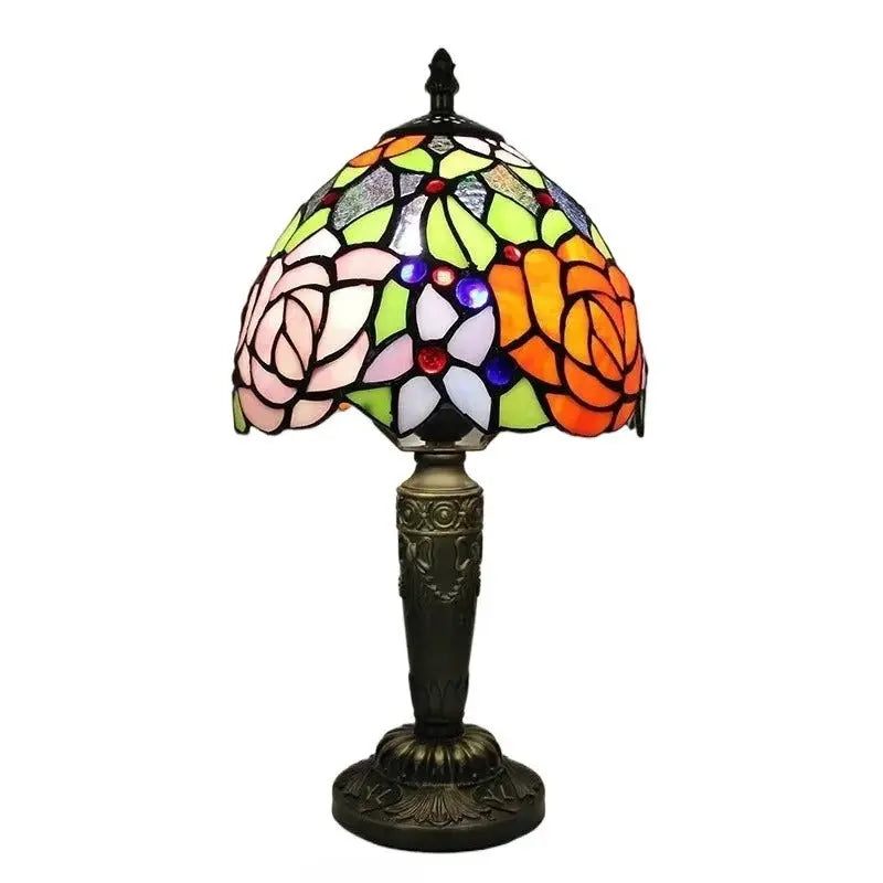 8inch Vintage Desk Light Stained Glass Tiffany Lamp with Roses Flower Lampshade - CTL