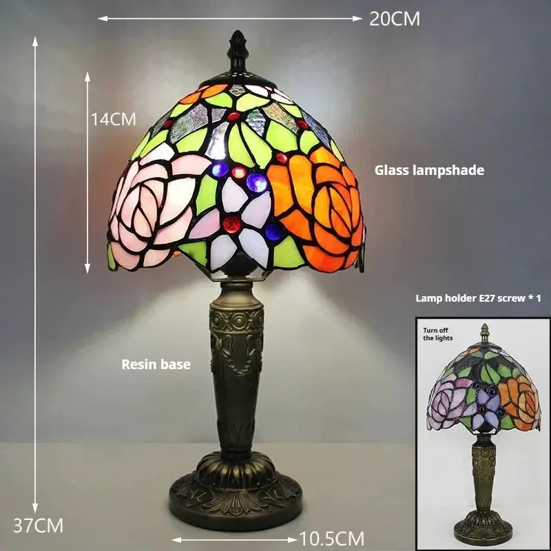 8inch Vintage Desk Light Stained Glass Tiffany Lamp with Roses Flower Lampshade - CTL