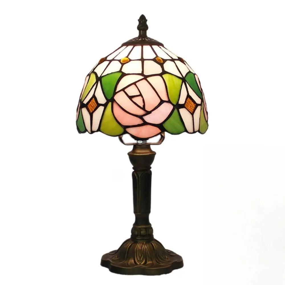 8inch Vintage Stained Glass Pink Rose Lampshade Tiffany Style Table Lamps - CTL