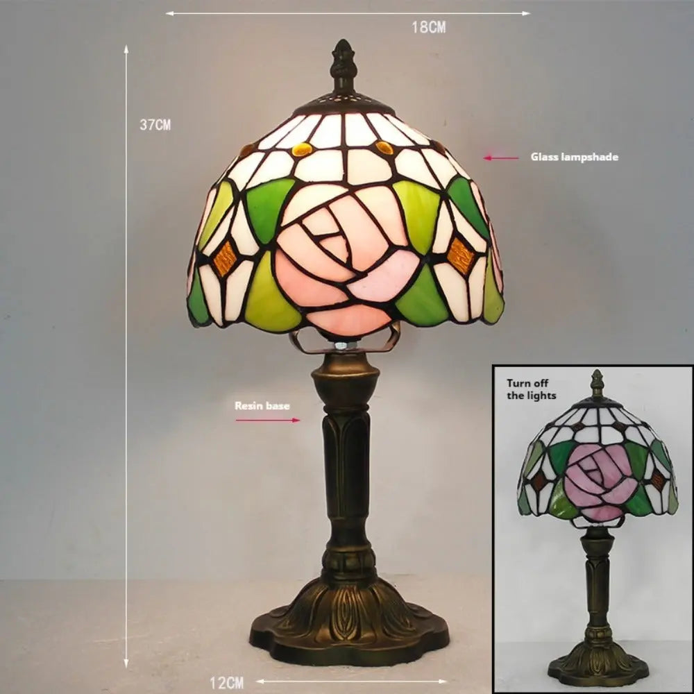8inch Vintage Stained Glass Pink Rose Lampshade Tiffany Style Table Lamps - CTL
