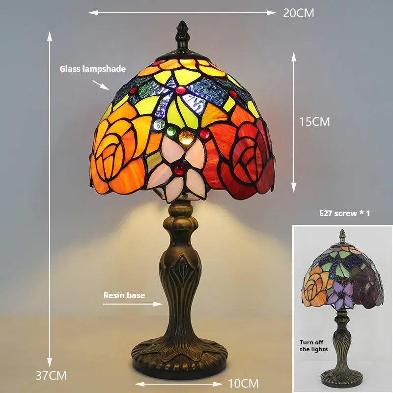 8inch Vintage Desk Light Stained Glass Rose Lampshade Tiffany Flower Lamp - CTL