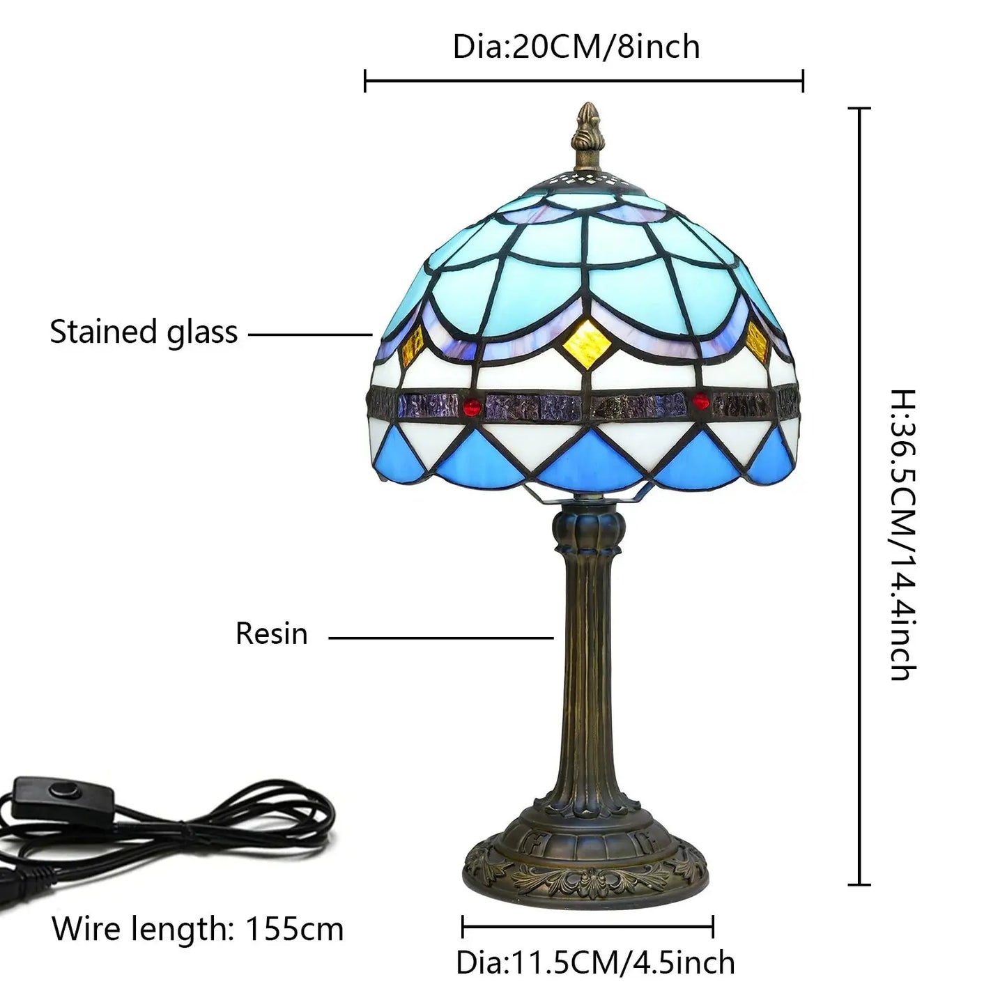 8inch Small Tiffany Style Lamp Stained Glass Blue Lampshade Vintage Desk Light - CTL