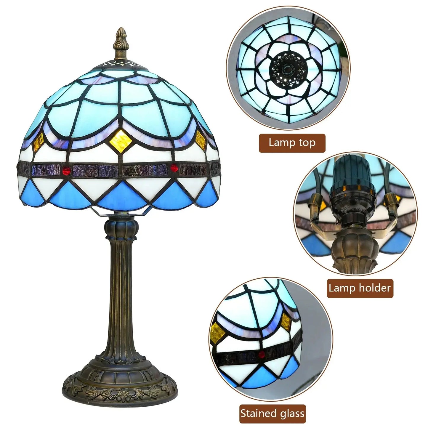8inch Small Tiffany Style Lamp Stained Glass Blue Lampshade Vintage Desk Light - CTL