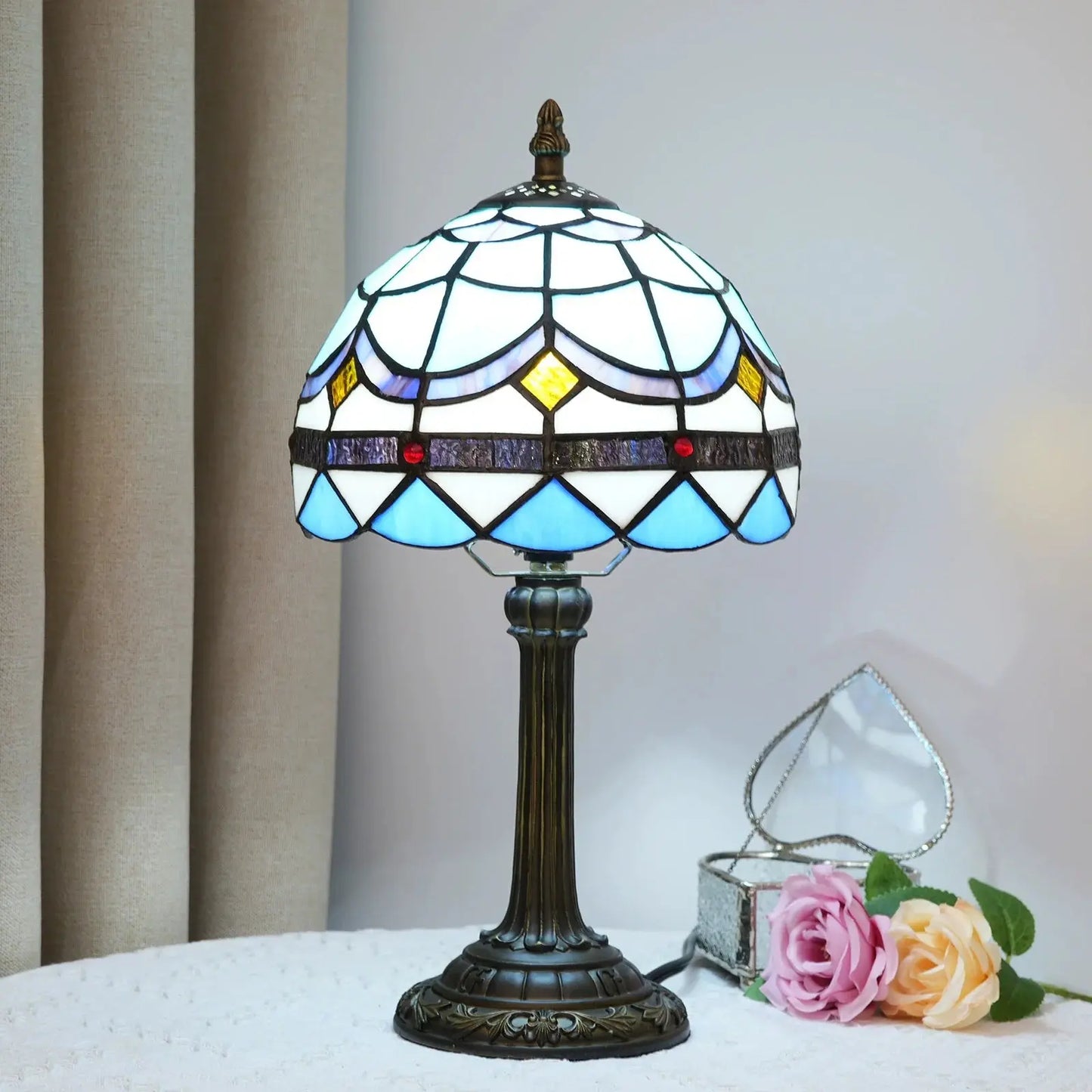 8inch Small Tiffany Style Lamp Stained Glass Blue Lampshade Vintage Desk Light - CTL