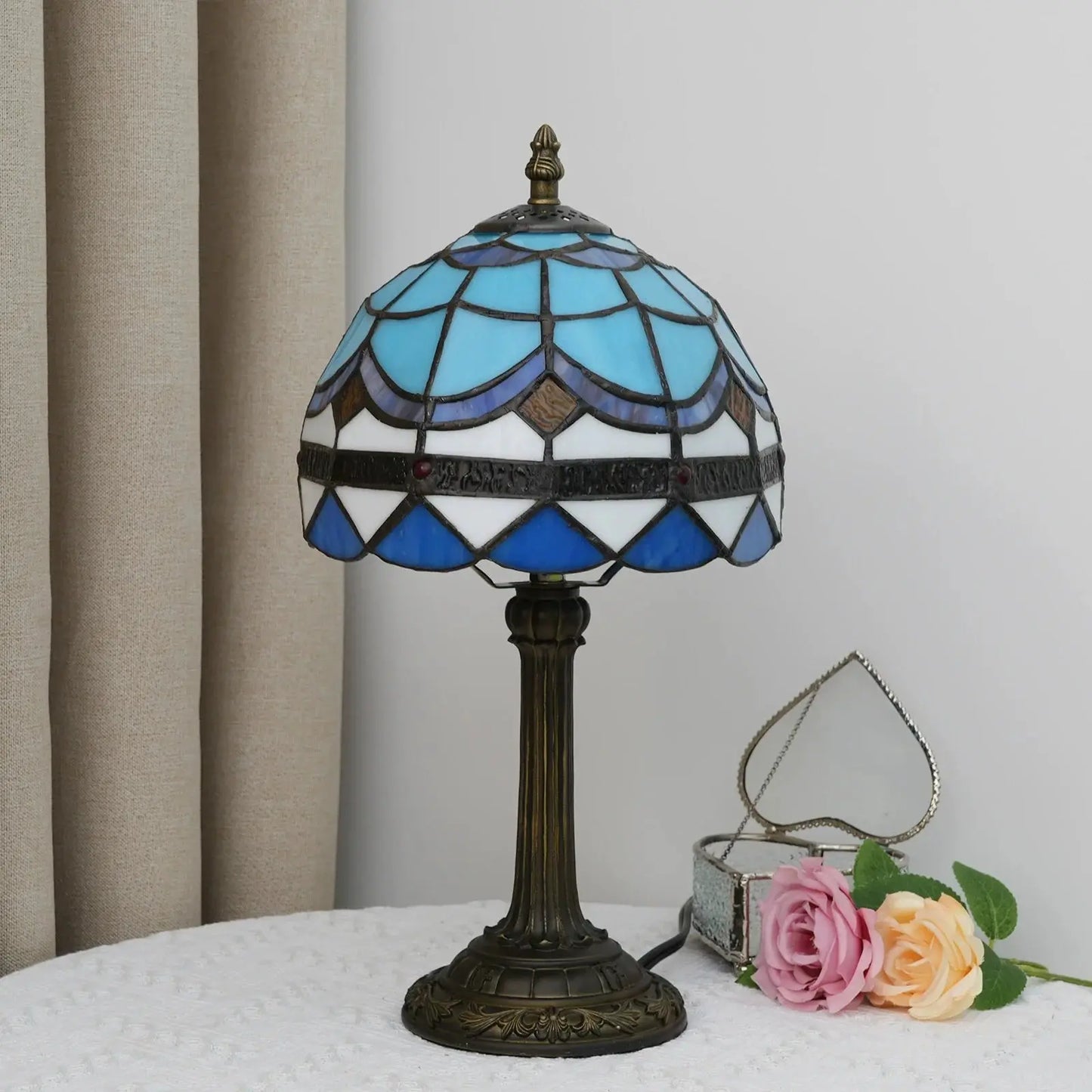 8inch Small Tiffany Style Lamp Stained Glass Blue Lampshade Vintage Desk Light - CTL