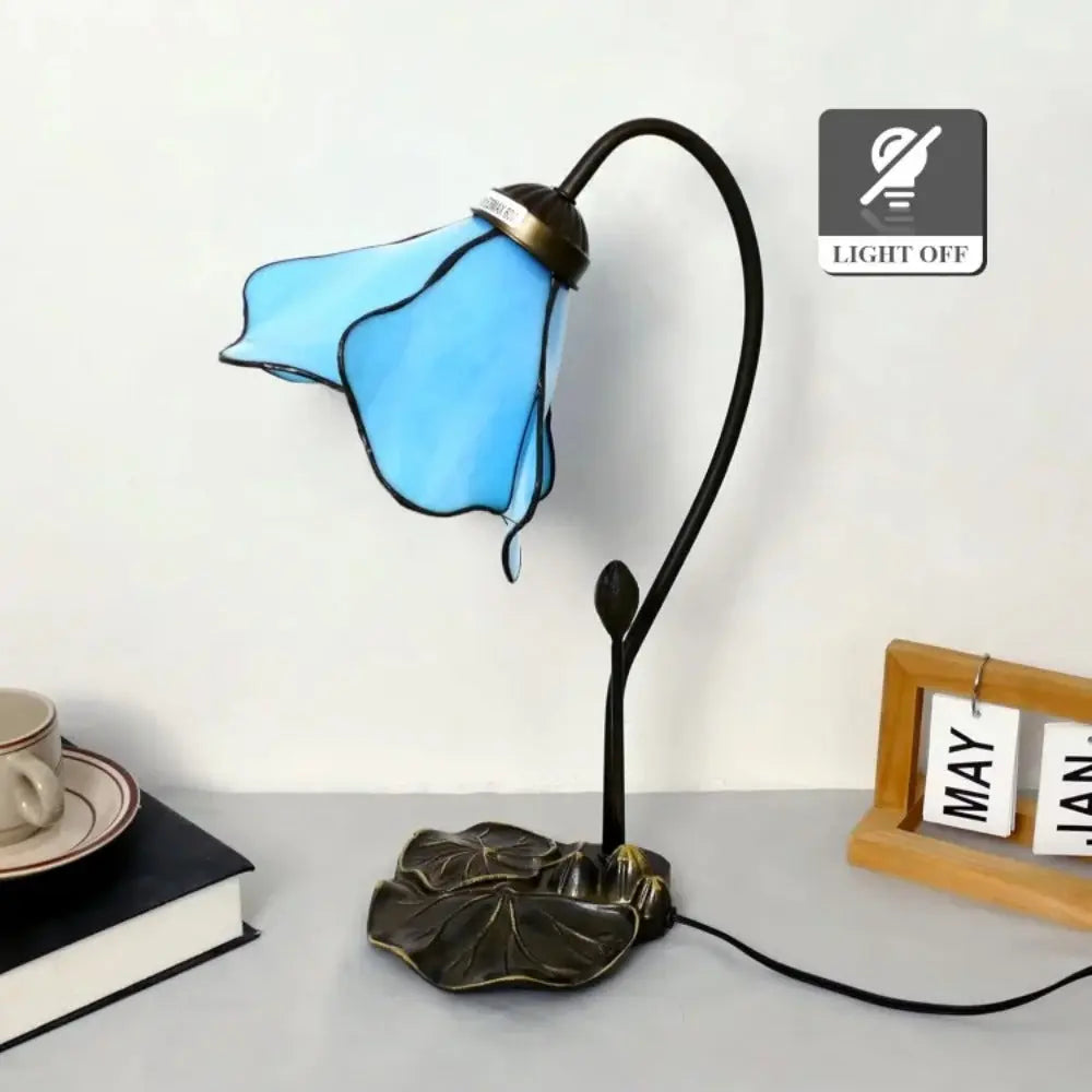 8inch 20cm Stained Glass Blue Lotus Lampshade Vintage Tiffany Table Lamp - CTL