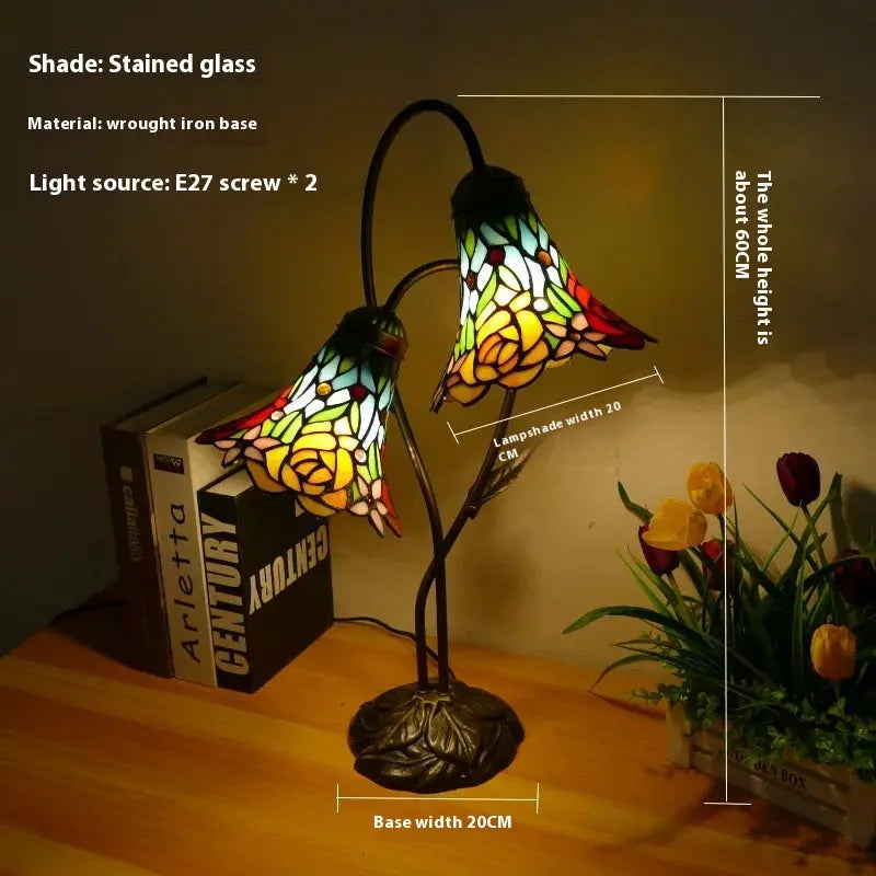 Vintage Stained Glass Flower Leaf Floral Lampshade Tiffany Desk Lamp - CTL