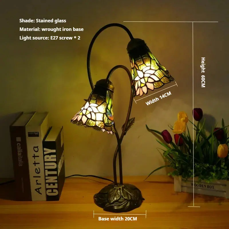 Vintage Stained Glass Flower Leaf Floral Lampshade Tiffany Desk Lamp - CTL