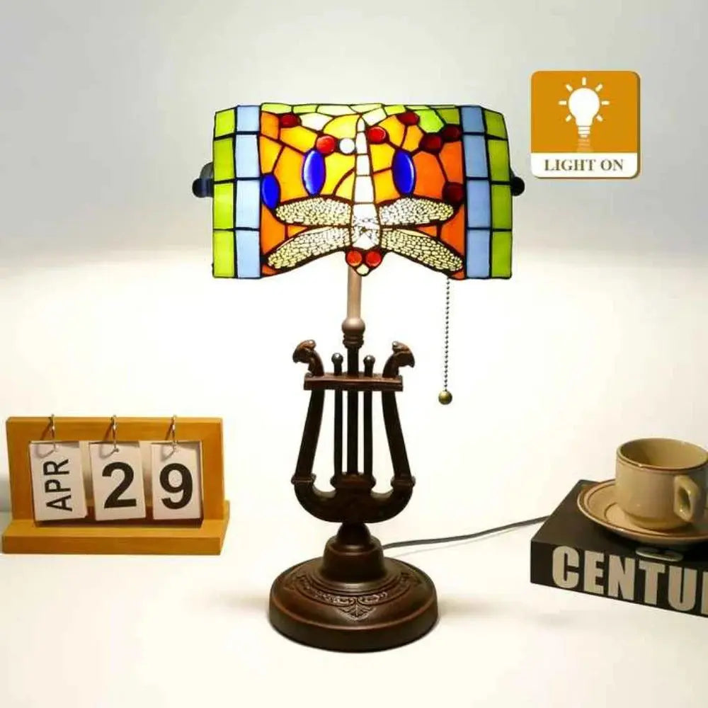 Antique Stained Glass Dragonfly Lampshade Bankers Light Library Table Lamp - CTL