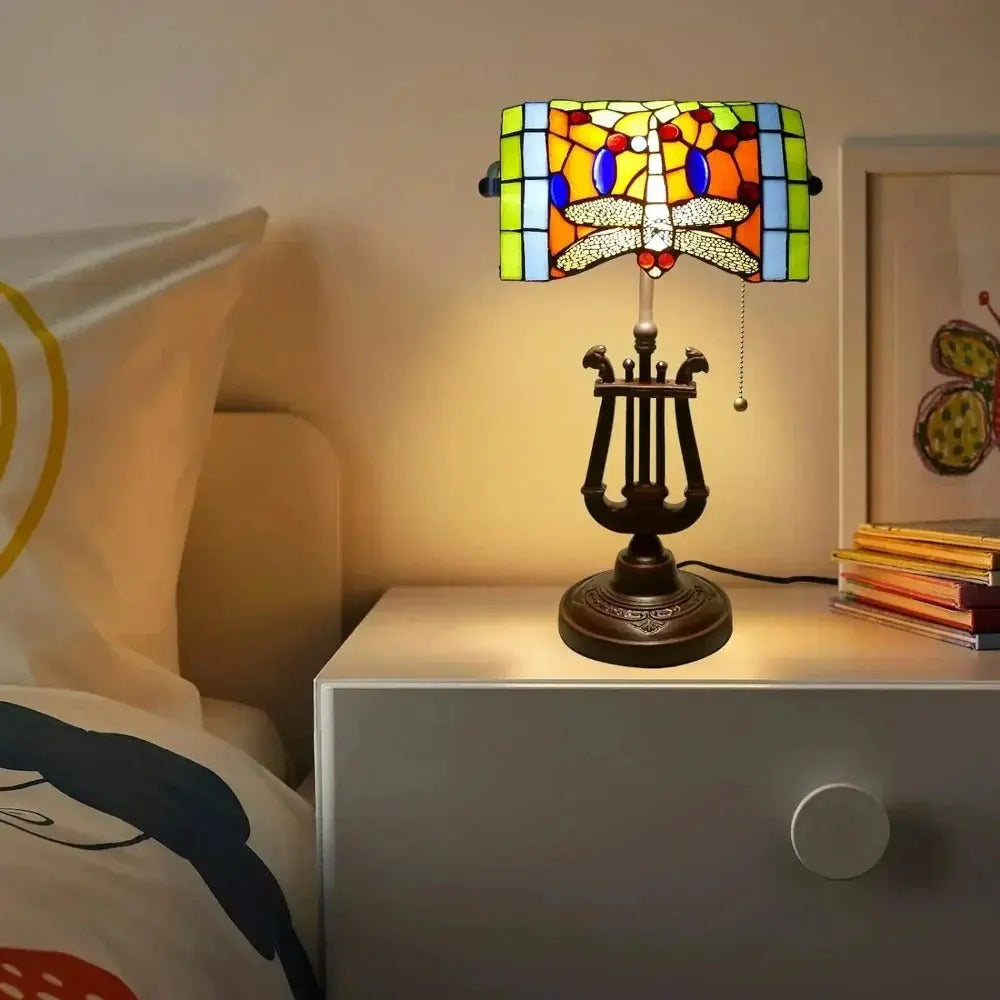 Antique Stained Glass Dragonfly Lampshade Bankers Light Library Table Lamp - CTL