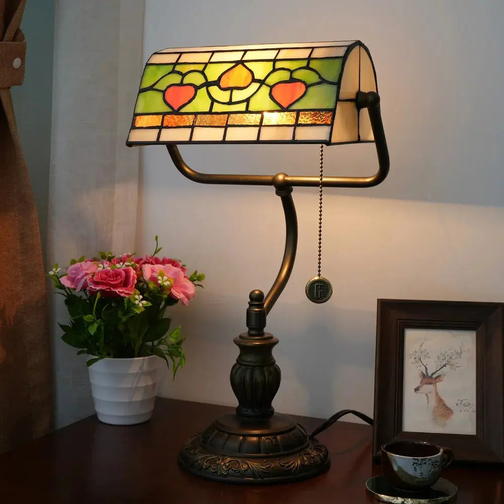 Antique Tiffany Stained Glass Green Leaf Peach Lampshade Bankers Desk Light - CTL
