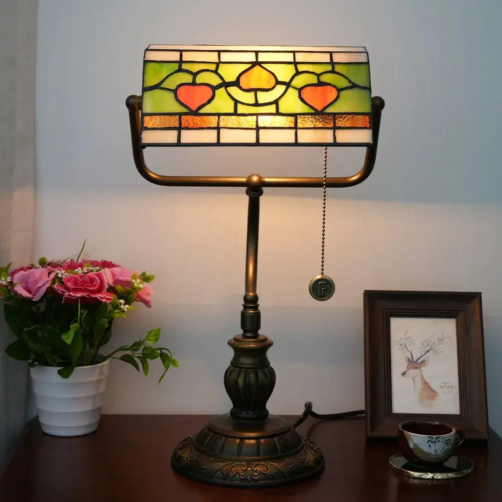 Antique Tiffany Stained Glass Green Leaf Peach Lampshade Bankers Desk Light - CTL