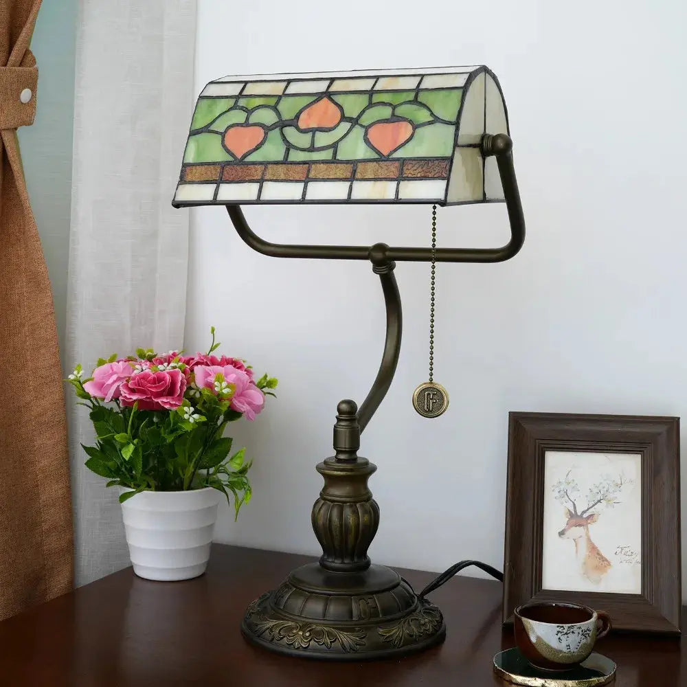 Antique Tiffany Stained Glass Green Leaf Peach Lampshade Bankers Desk Light - CTL