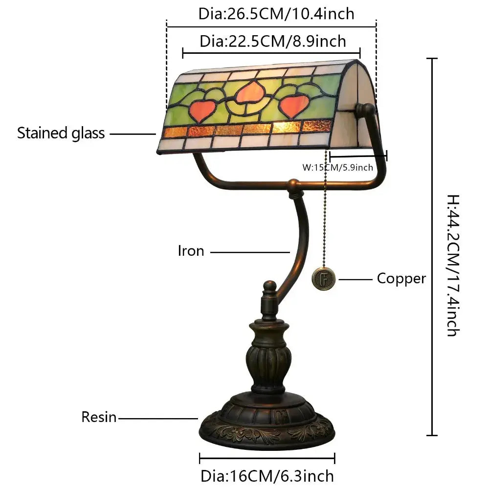 Antique Tiffany Stained Glass Green Leaf Peach Lampshade Bankers Desk Light - CTL