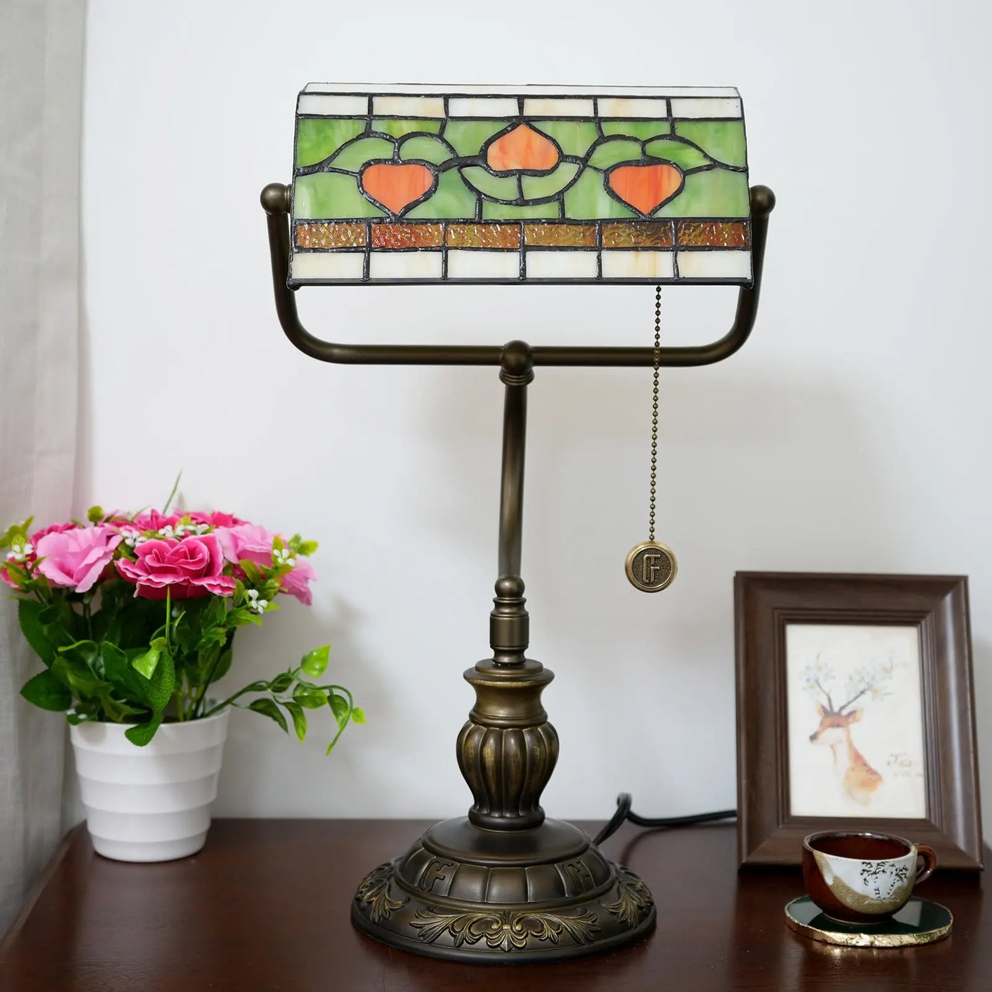 Antique Tiffany Stained Glass Green Leaf Peach Lampshade Bankers Desk Light - CTL