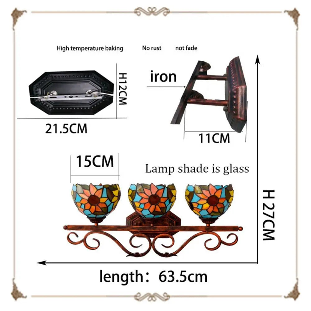 3 Light Wall Fixture Sconce with Sunflower Tiffany Stained Glass Lampshade - CTL