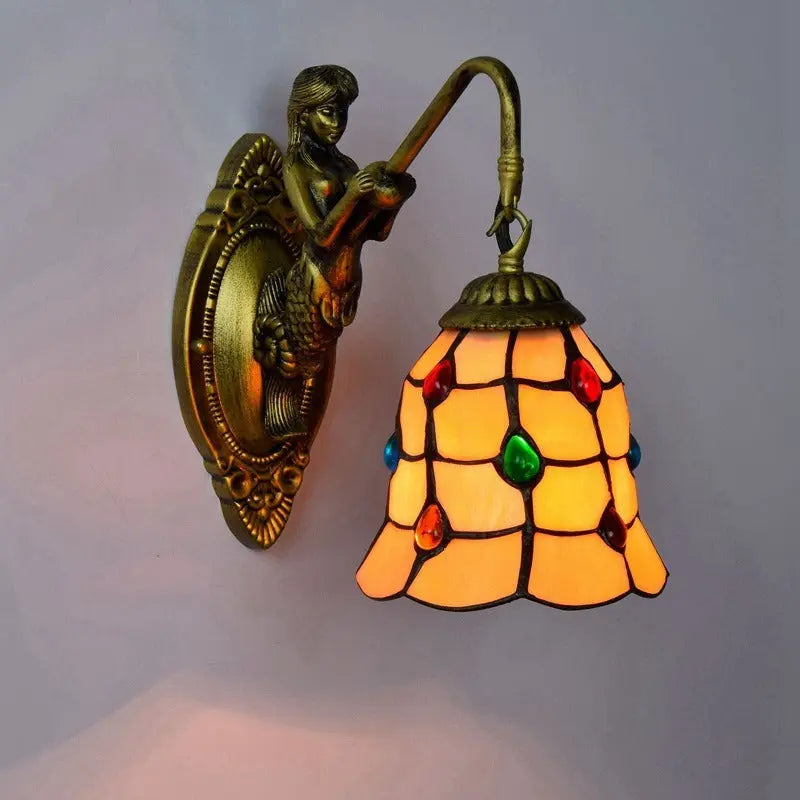 Dia15cm Small Tiffany Lamp Stained Glass Yellow Beads Lampshade Mini Wall Sconce - CTL