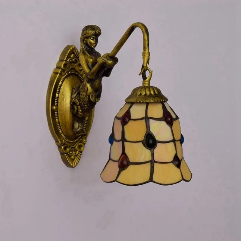 Dia15cm Small Tiffany Lamp Stained Glass Yellow Beads Lampshade Mini Wall Sconce - CTL