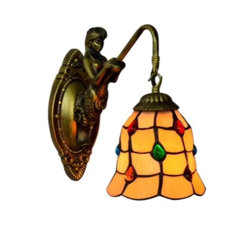 Dia15cm Small Tiffany Lamp Stained Glass Yellow Beads Lampshade Mini Wall Sconce - CTL
