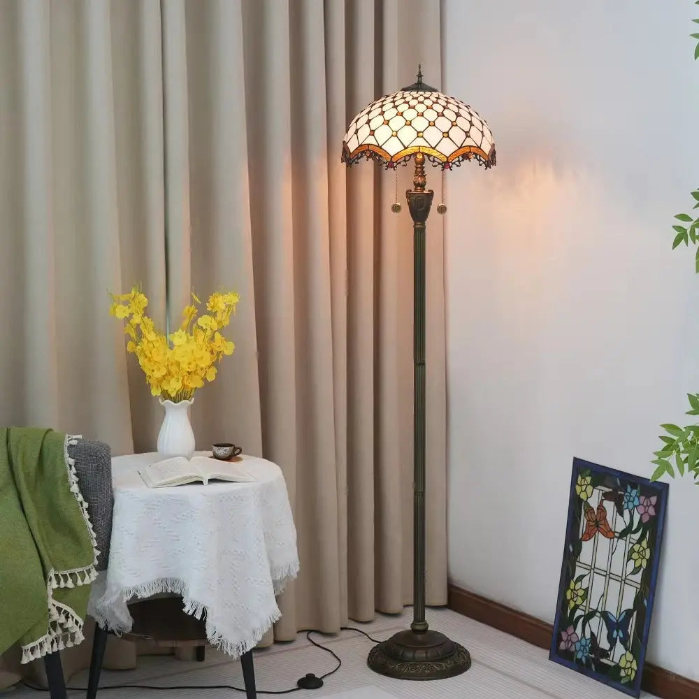 Dia40cm Art White Bead Lampshade Tiffany Stained Glass Floor Lamp - CTL