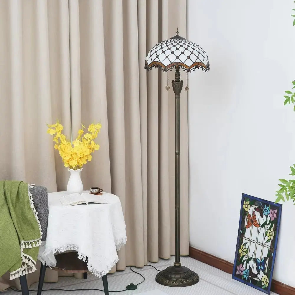 Dia40cm Art White Bead Lampshade Tiffany Stained Glass Floor Lamp - CTL