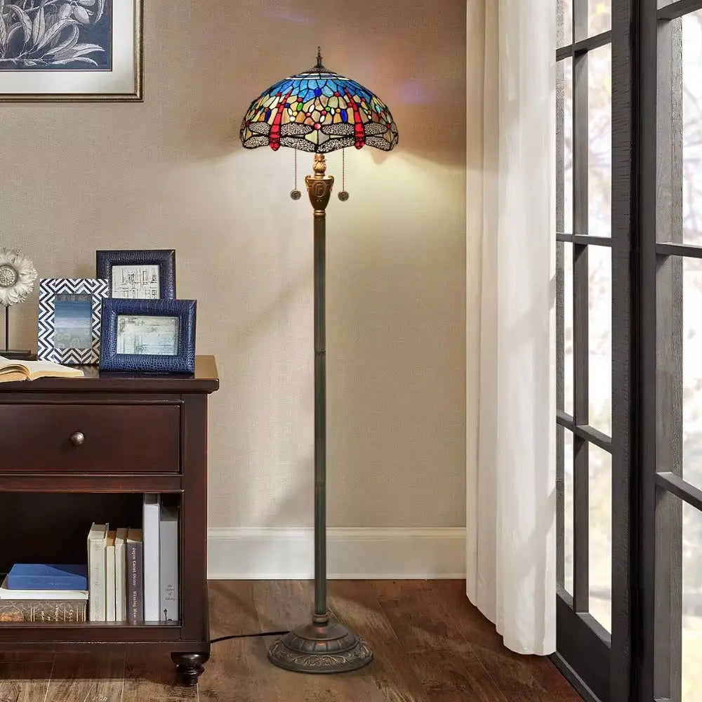 Dia40cm Stained Glass Blue Art Lampshade Tiffany Style Dragonfly Floor Lamp - CTL