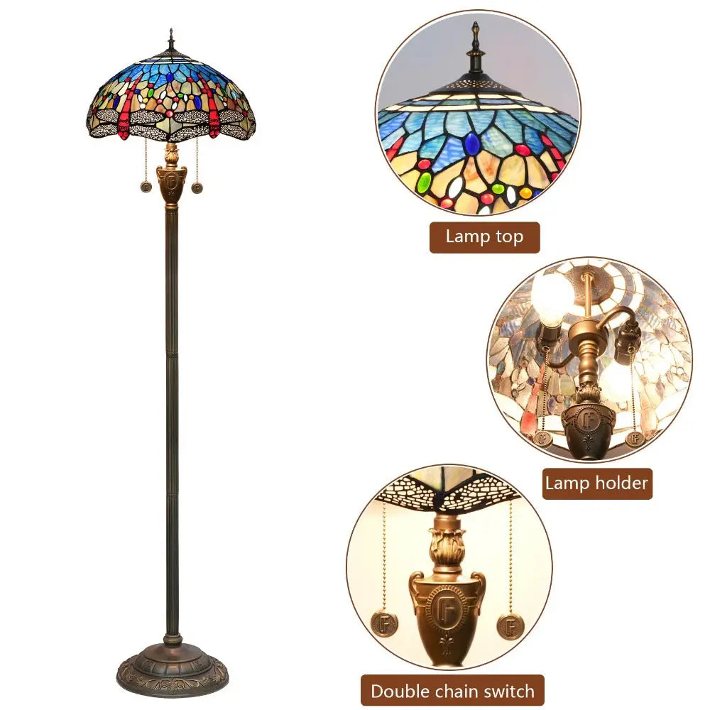 Dia40cm Stained Glass Blue Lampshade Tiffany Dragonfly Floor Lamp - CTL