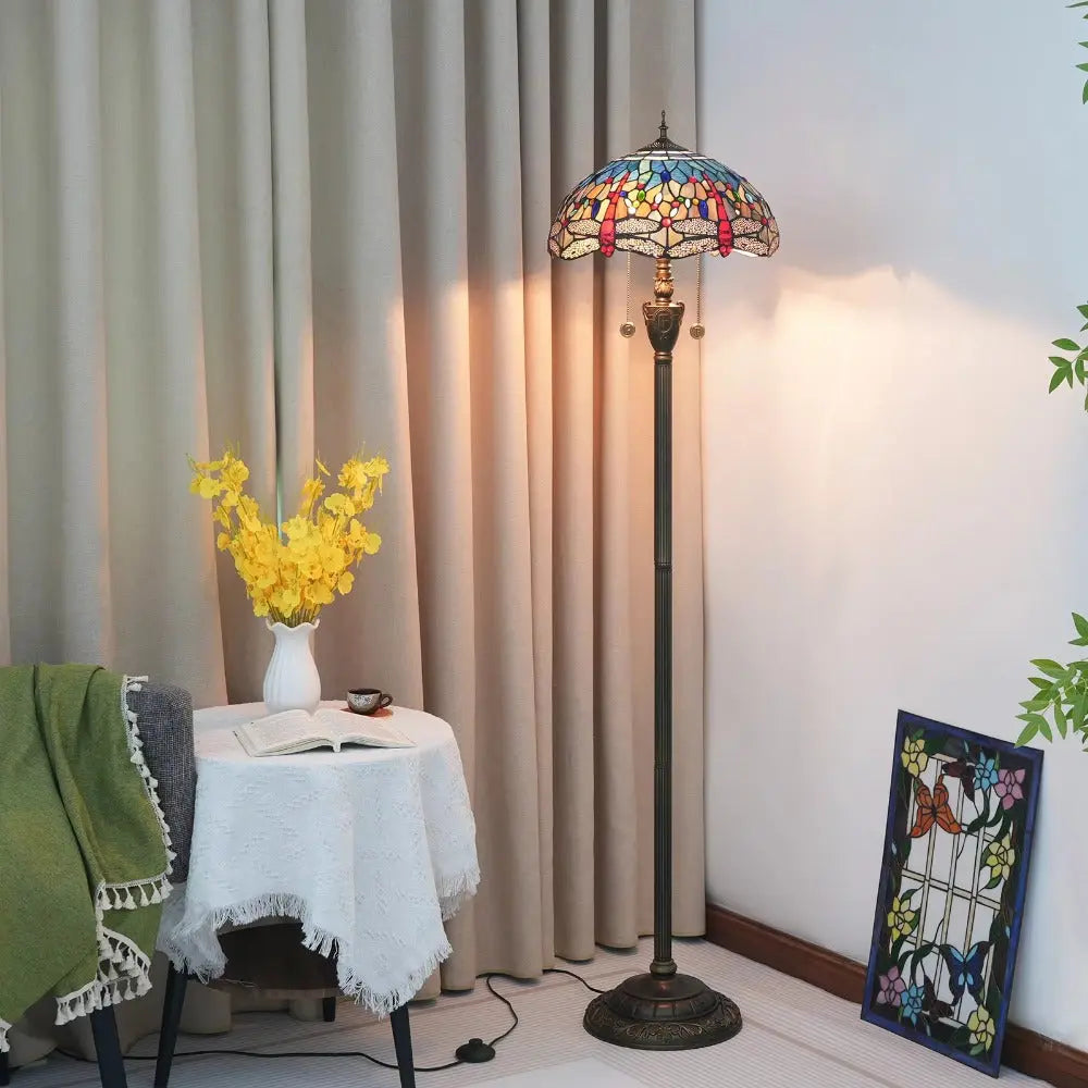 Dia40cm Stained Glass Blue Lampshade Tiffany Dragonfly Floor Lamp - CTL
