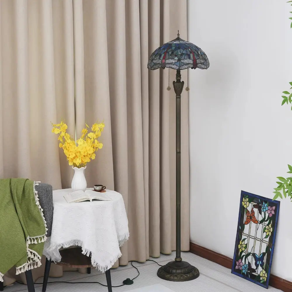 Dia40cm Stained Glass Blue Lampshade Tiffany Dragonfly Floor Lamp - CTL