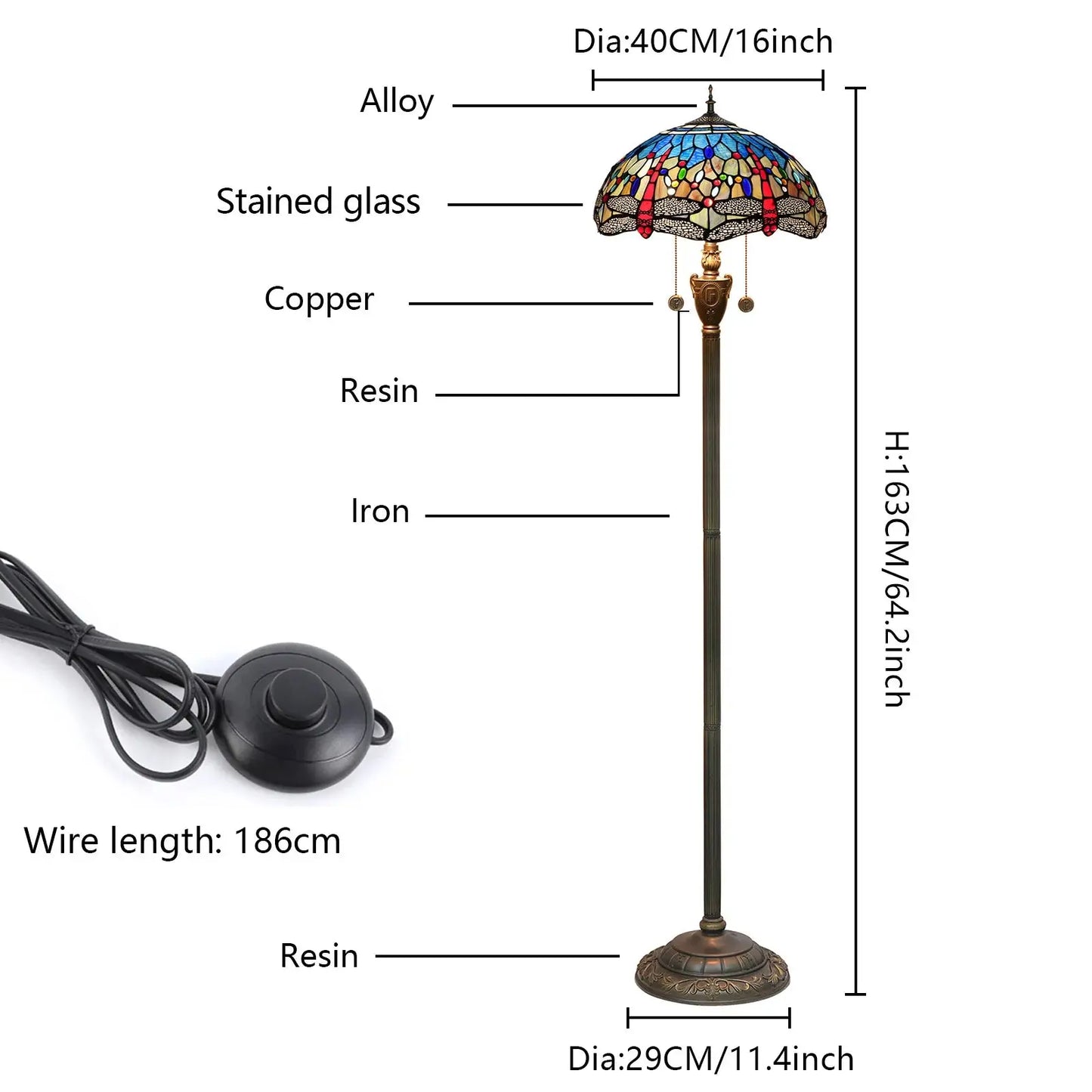 Dia40cm Stained Glass Blue Lampshade Tiffany Dragonfly Floor Lamp - CTL