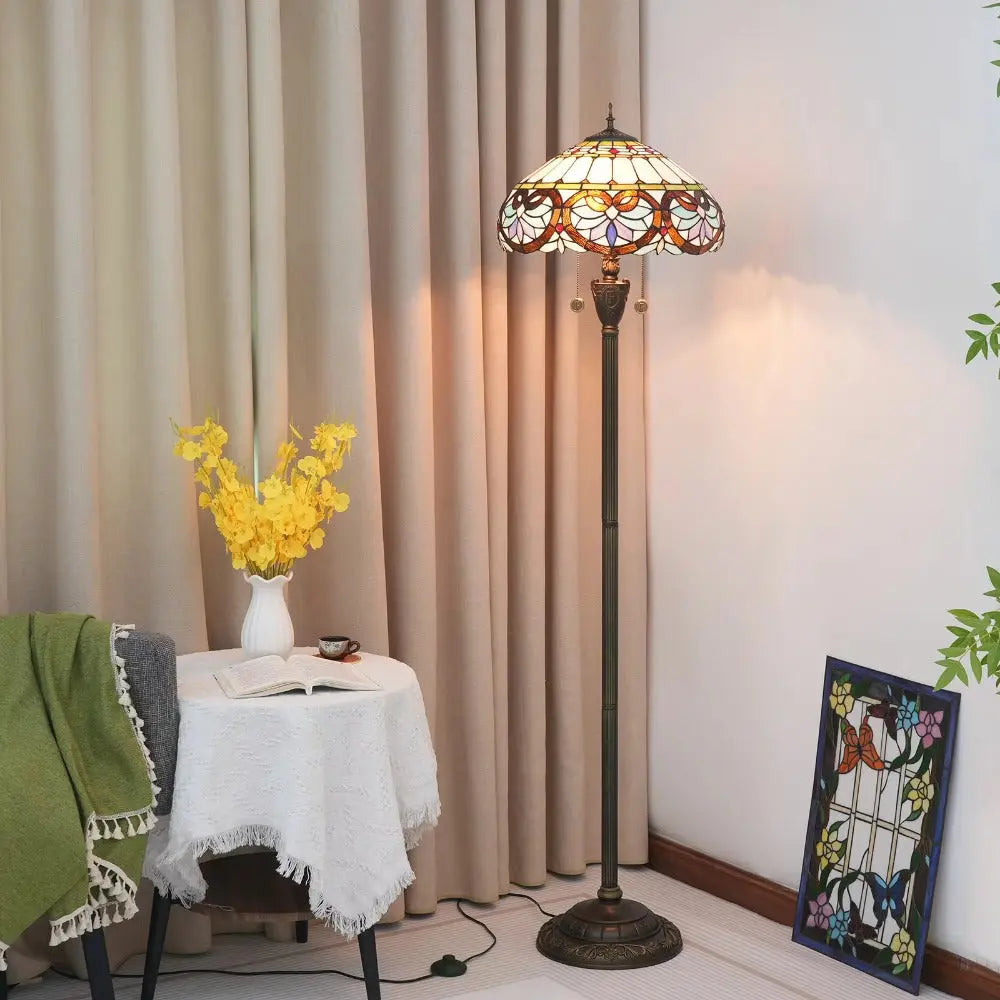 Dia40cm Stained Glass Blue Love Lampshade Handmade Vintage Tiffany Floor Lamp - CTL