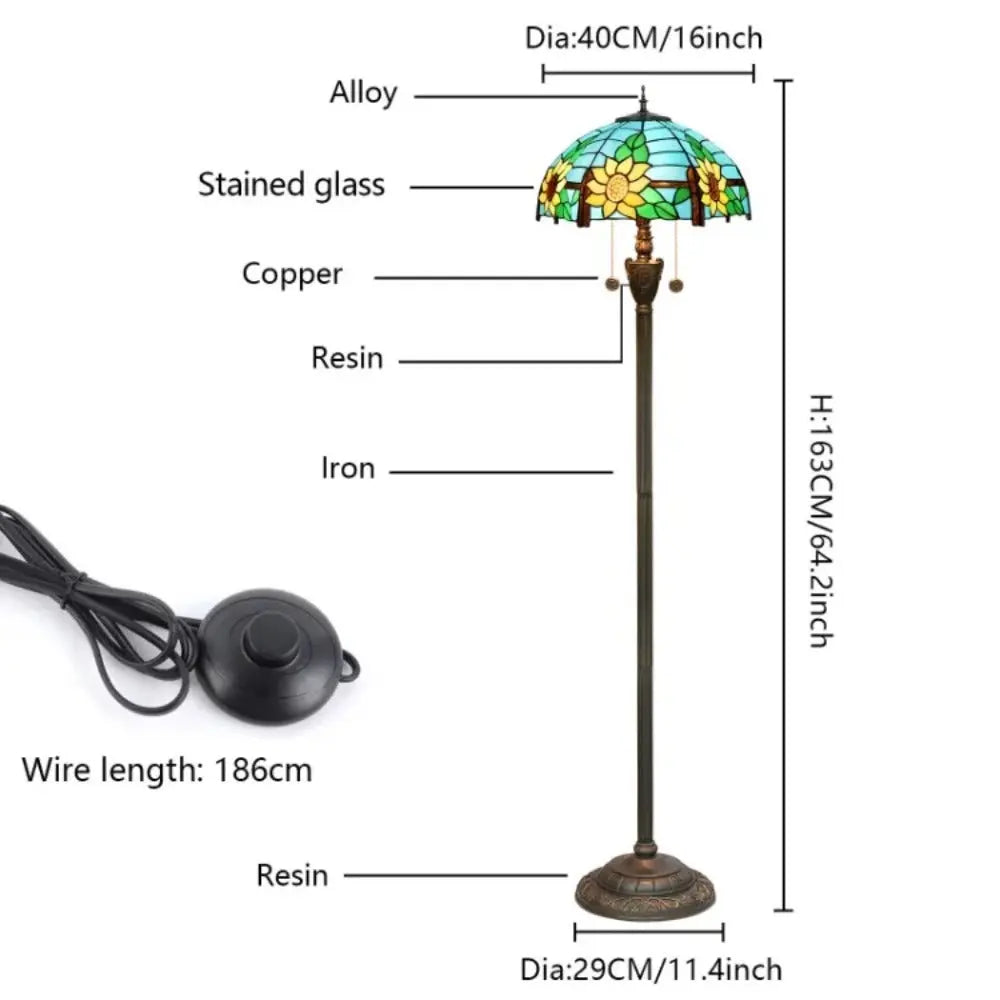 Dia40cm Stained Glass Floor Lamp Blue Sunflower Lampshade Tiffany Standard Lamp - CTL