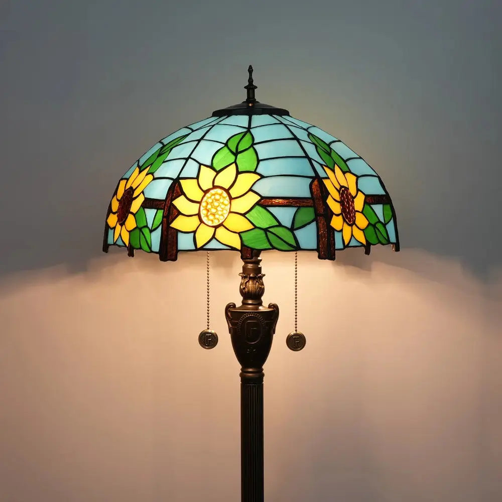 Dia40cm Stained Glass Floor Lamp Blue Sunflower Lampshade Tiffany Standard Lamp - CTL